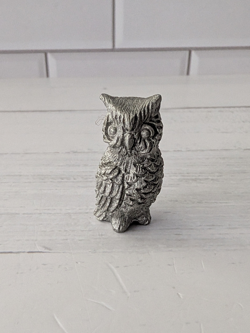 Miniature Pewter Owl Figurine - Unmarked Metal Bird Collectible